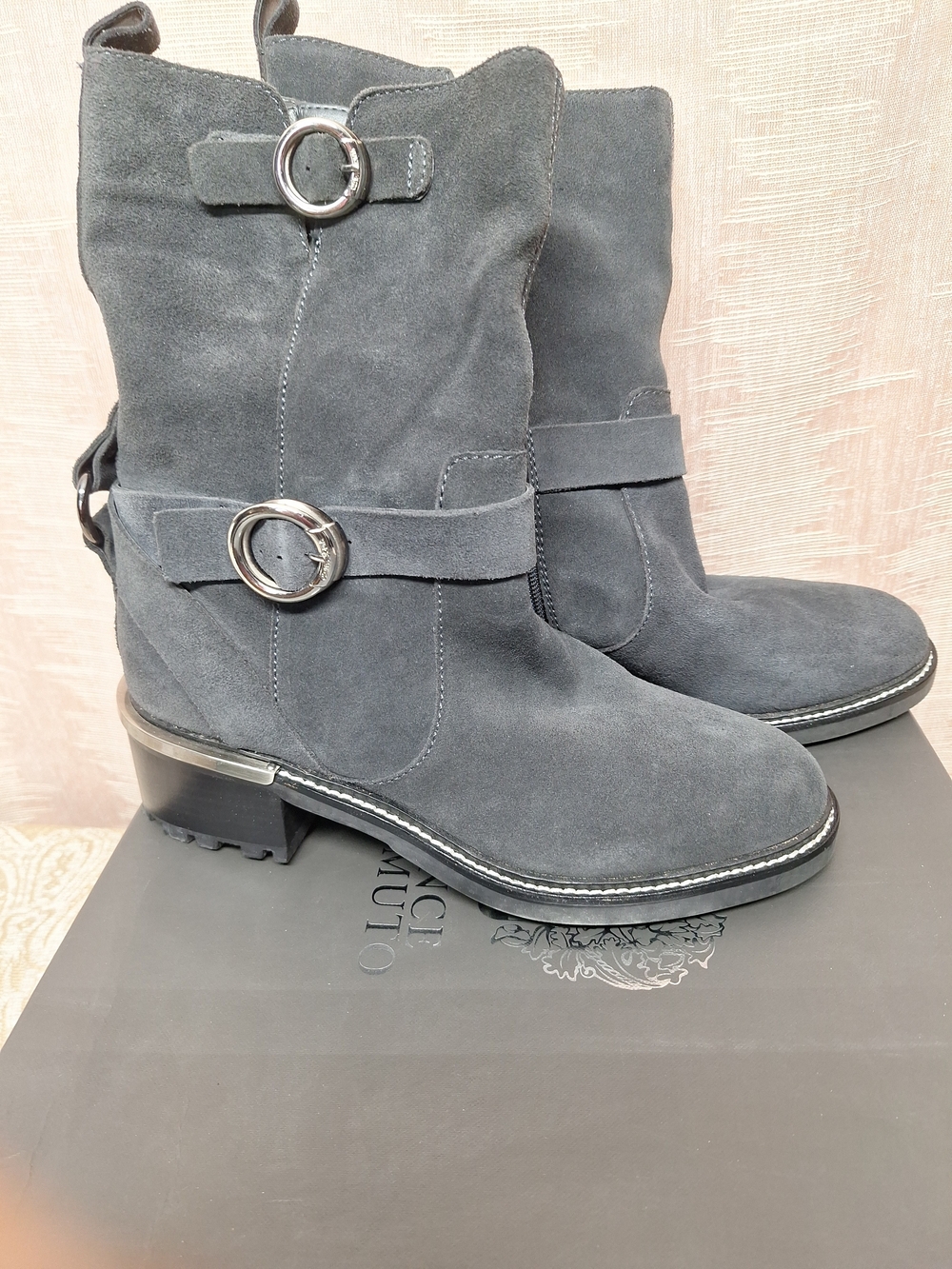 Vince Camuto Gray Suede Buckle Moto Ankle Boots Size 7.5